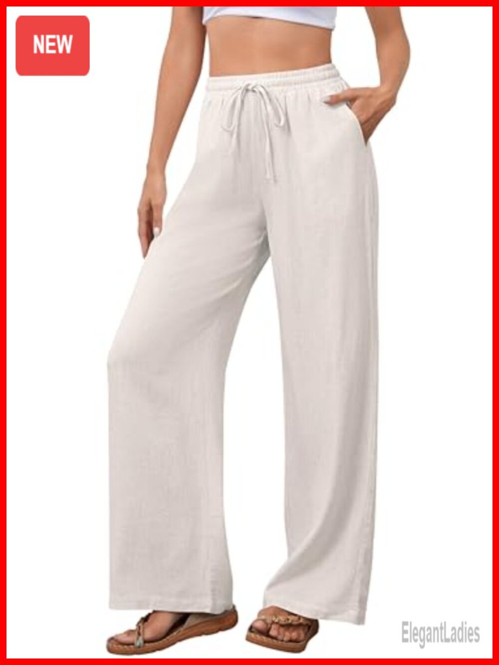 Cotton Linen Casual Palazzo Pants Drawstring Elastic Waist Flowy Wide Leg Long